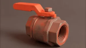 Industrial metal ball valve with an orange handle against a plain background, used in piping systems to control liquid flow.