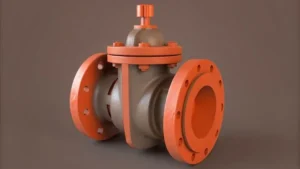 Orange metal gate valve designed for industrial use with flanged ends for pipeline installation.