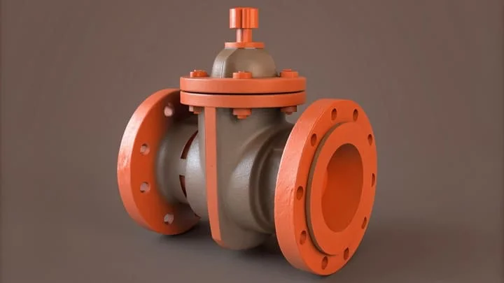 Orange metal gate valve designed for industrial use with flanged ends for pipeline installation.